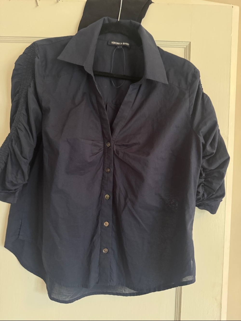 Veronica Beard Navy Ruched-Sleeve Button Front Blouse
